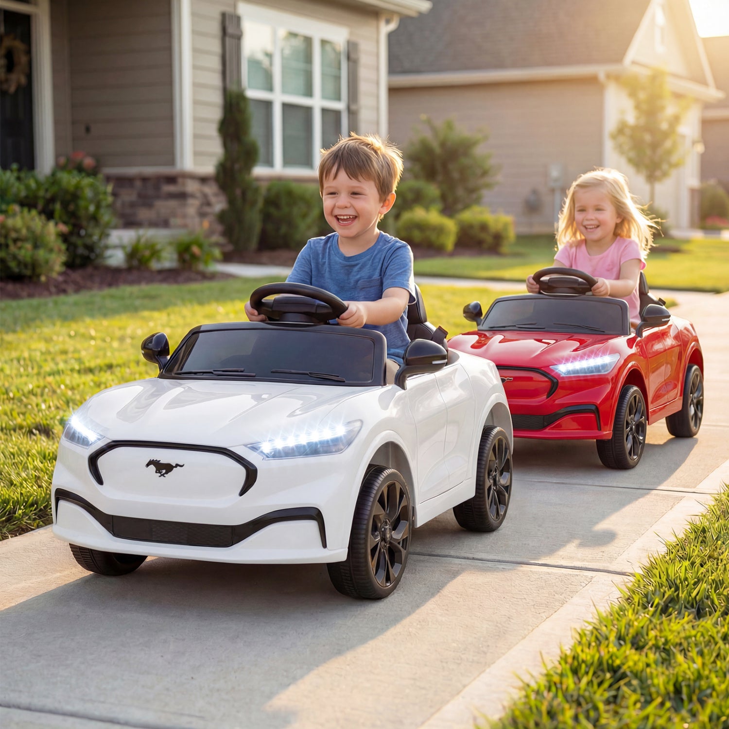 Two children playing with toy cars on a driveway in front of a house.