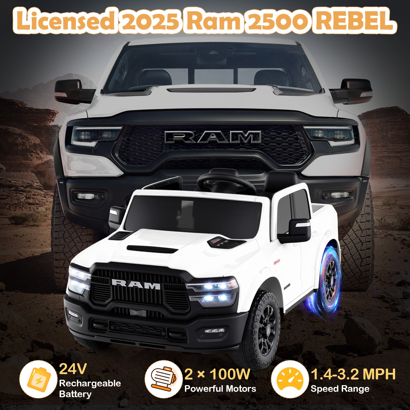 White toy truck with black details resembling a 2025 Ram 2500 Rebel, set against a desert landscape background.