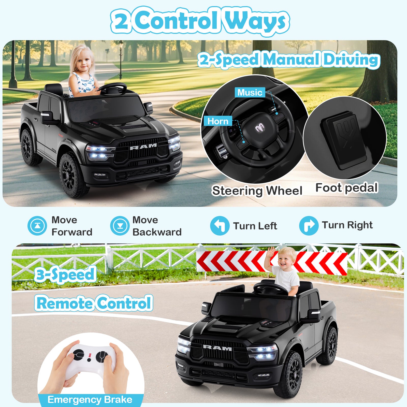 Children's toy truck with remote control and manual driving features, including steering wheel, foot pedal, and emergency brake.