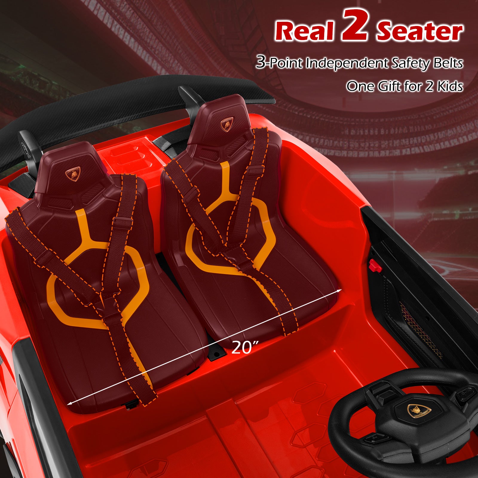 Red toy car with two brown seats and safety belts, suitable for two children.