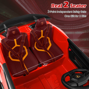 Red toy car with two brown seats and safety belts, suitable for two children.