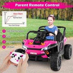 Child in a pink toy car with a remote control, outdoor setting