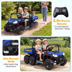 Children playing with a blue toy ATV in a park, with a remote control and additional features highlighted.