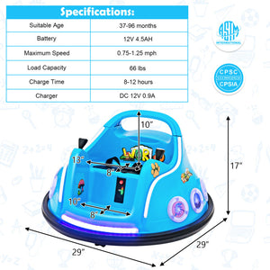 Children's bumper car with specifications on a white background