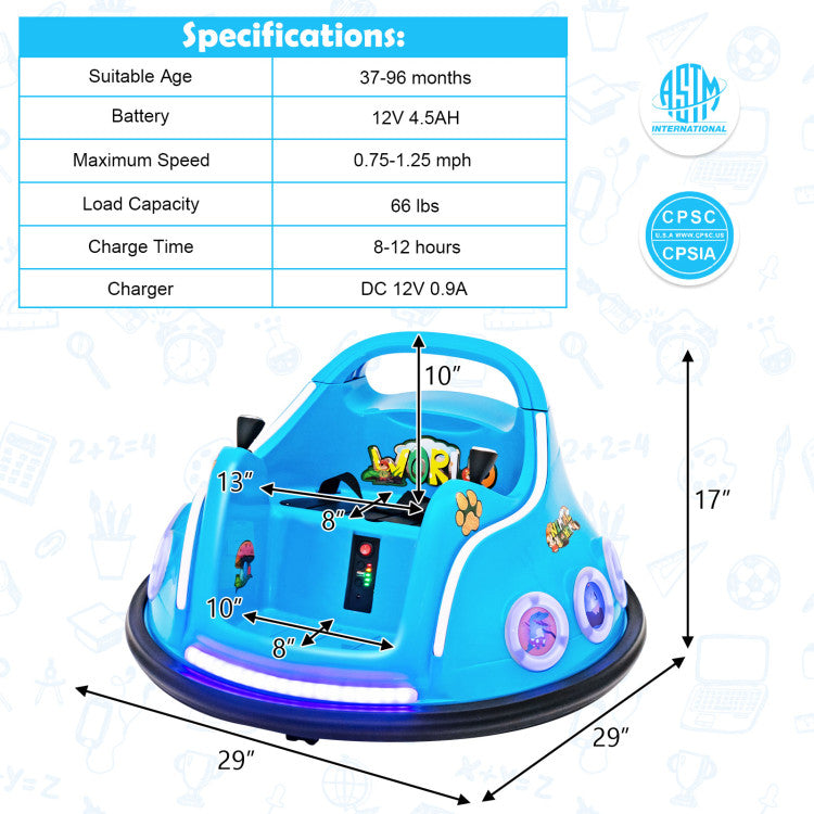 Children's bumper car with specifications on a white background