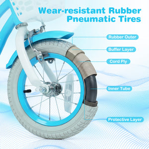 Bicycle tire with wear-resistant rubber pneumatic tires and detailed layers on a blue background.