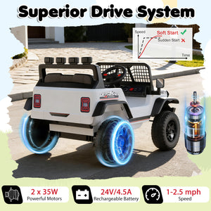 Children's electric toy car with glowing wheels on a road, featuring text about superior drive system.
