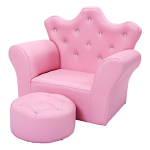 Pink chair with ottoman on a white background