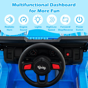 Multifunctional dashboard with steering wheel and control buttons on a blue background