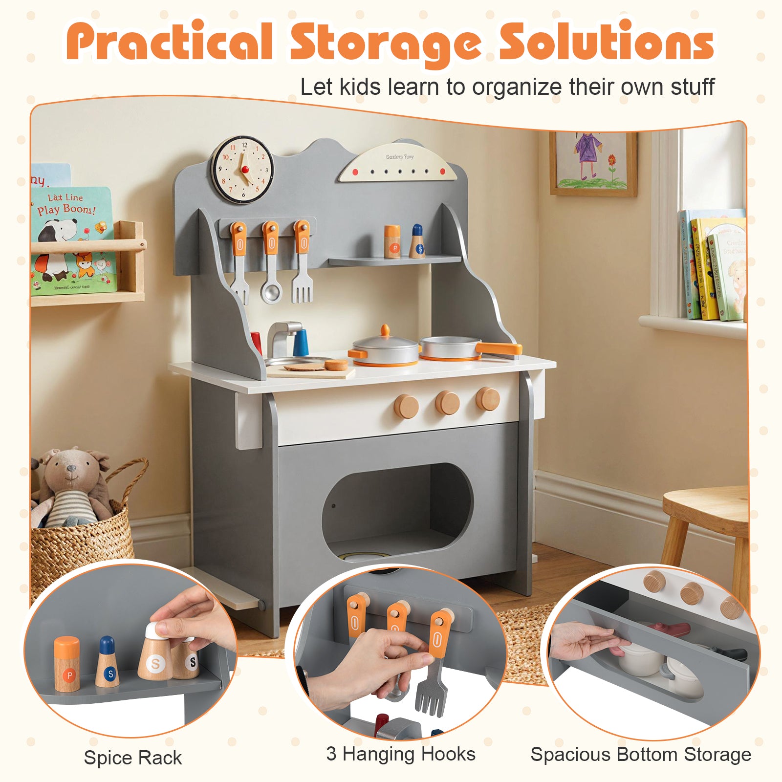 Children's play kitchen set with storage solutions in a room setting.