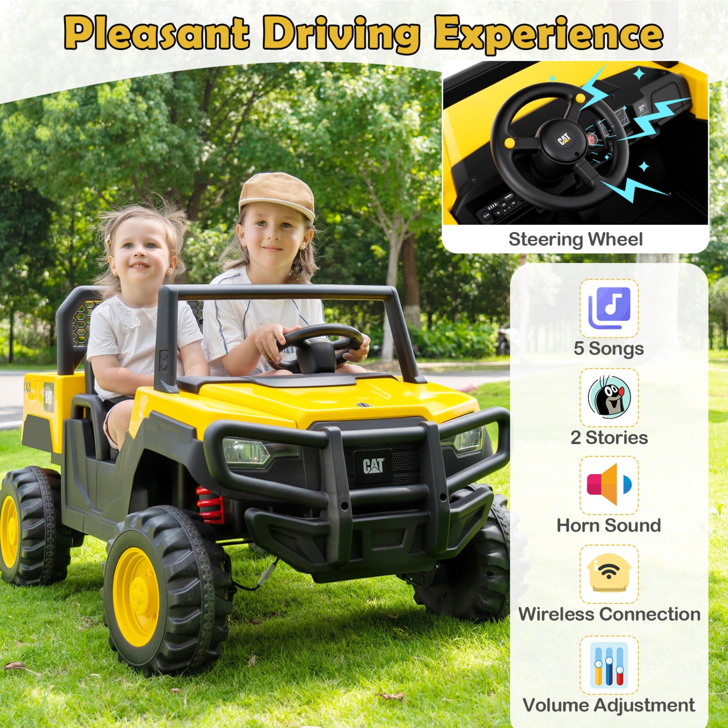 Children playing in a yellow and black toy car with additional features displayed on the right.
