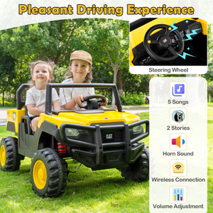 Children playing in a yellow and black toy car with additional features displayed on the right.