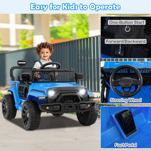 Blue toy car with features highlighted, including a child operating it.