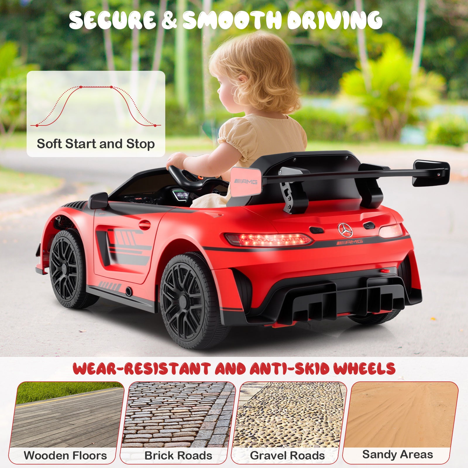 Child in a red toy car with safety features highlighted on a blurred outdoor background