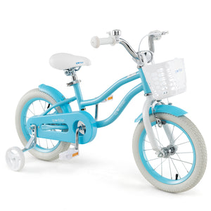 Children's blue bicycle with white basket and training wheels on a white background