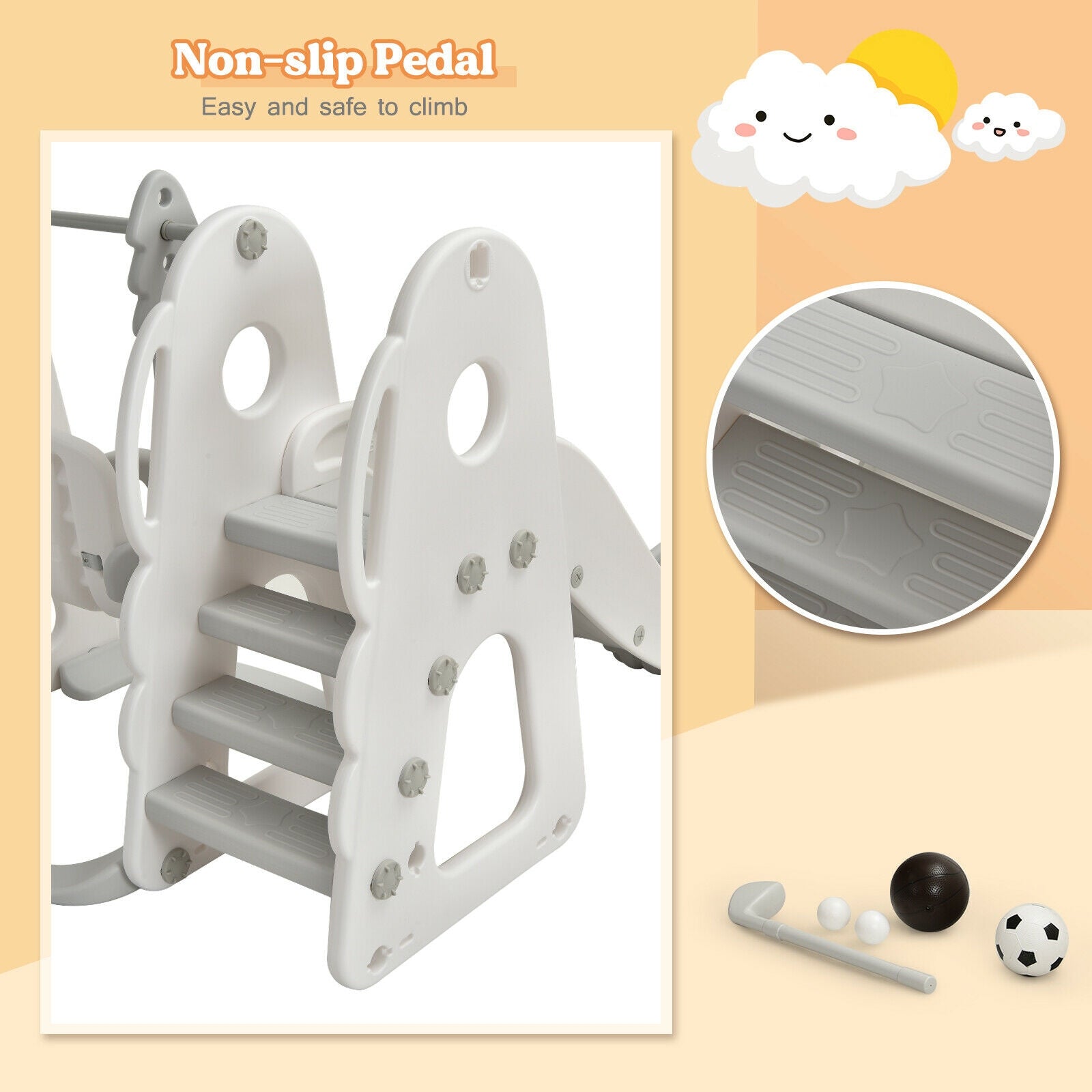 Children's play structure with non-slip pedal feature on a beige background