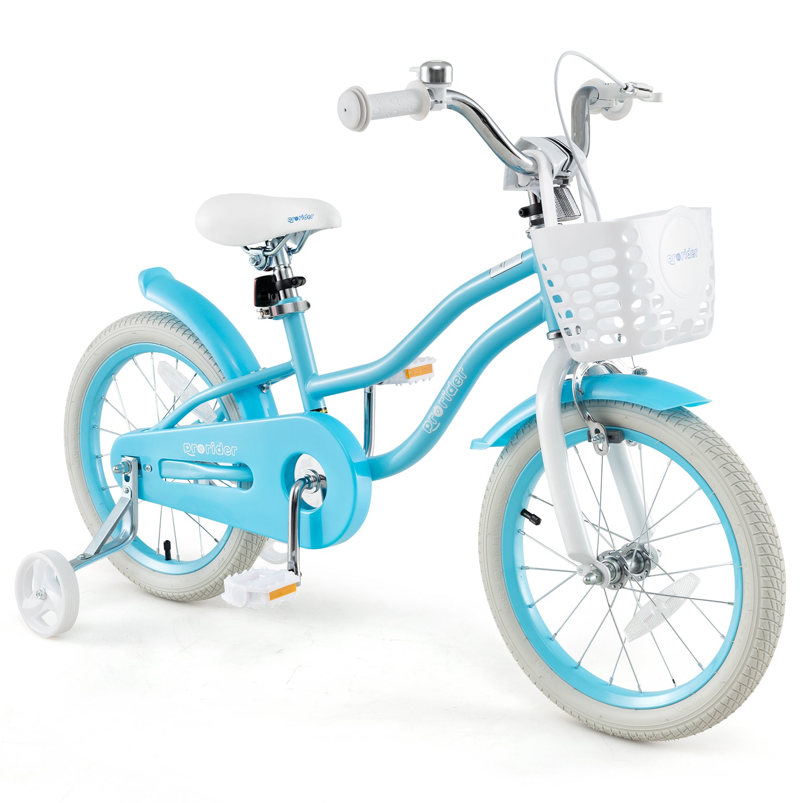 Children's bicycle with a blue frame and white accents on a white background