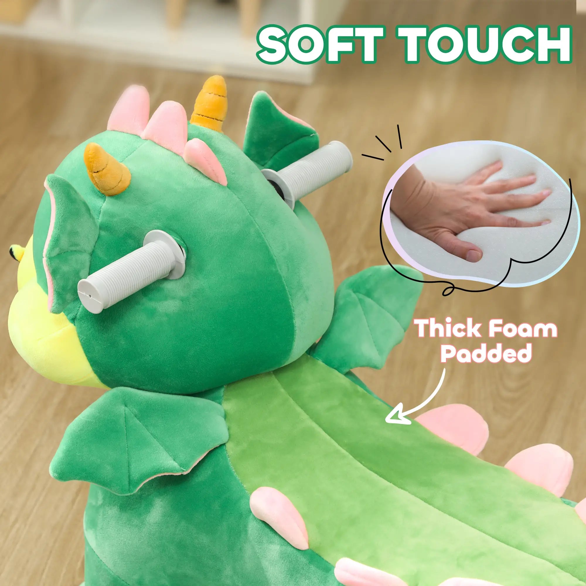 Soft ride-on horse with thick foam padded seat for comfort and safety