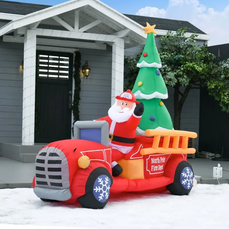 HOMCOM 7.5FT Christmas Inflatable Santa Driving Fire Truck with Tree | LED Yard Decor