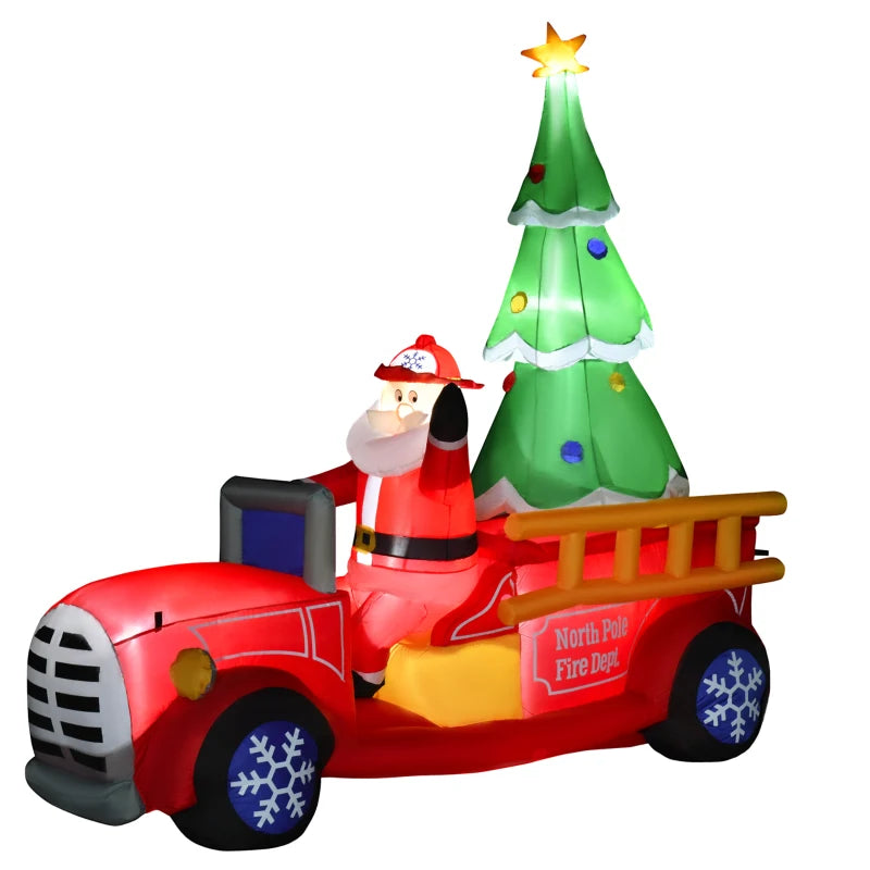 HOMCOM 7.5FT Christmas Inflatable Santa Driving Fire Truck with Tree | LED Yard Decor