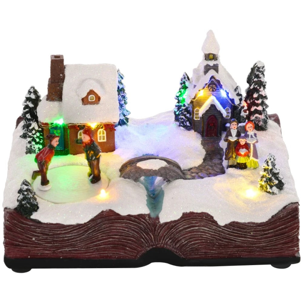 HOMCOM LED Christmas Village Houses with Music & Rotating Ice Skaters, Battery Operated