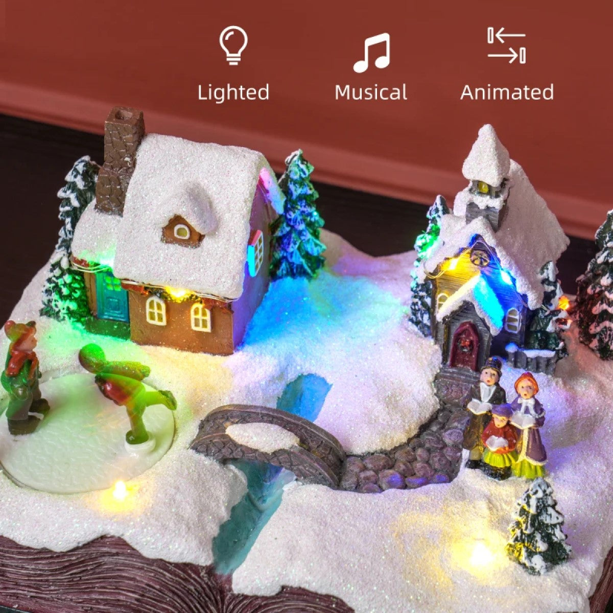 HOMCOM LED Christmas Village Houses with Music & Rotating Ice Skaters, Battery Operated