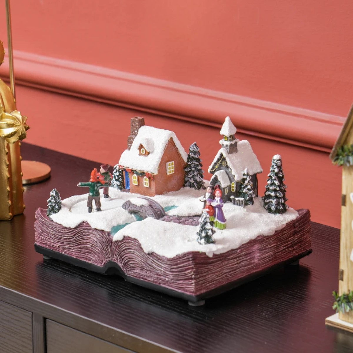 HOMCOM LED Christmas Village Houses with Music & Rotating Ice Skaters, Battery Operated