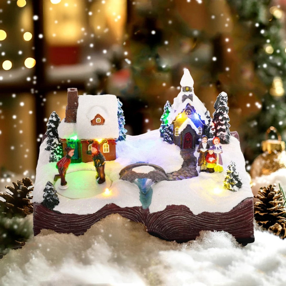 HOMCOM LED Christmas Village Houses with Music & Rotating Ice Skaters, Battery Operated