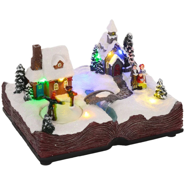 HOMCOM LED Christmas Village Houses with Music & Rotating Ice Skaters, Battery Operated