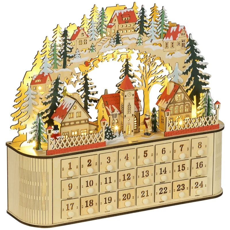 HOMCOM Wooden Advent Calendar with Lights, 24-Drawer Christmas Countdown, Battery-Operated Table Decoration