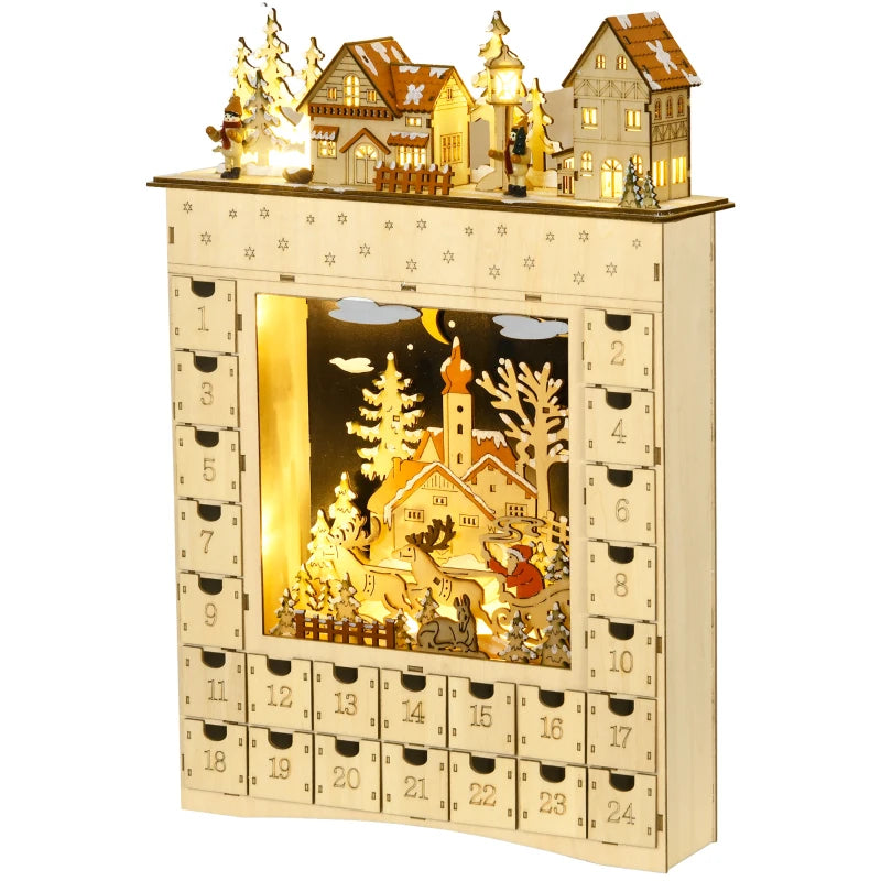 HOMCOM Wooden Christmas Advent Calendar with 24 Drawers, Lights, Battery Operated