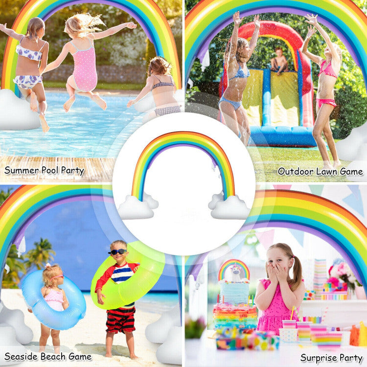 Pastel rainbow colors on toddler bounce house style sprinkler
