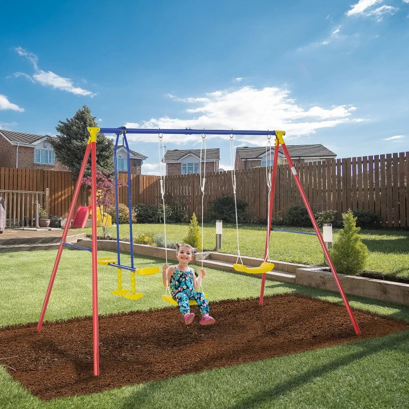 Heavy-Duty Metal Swing Set with Glider, 2 Adjustable Swings, A-Frame for Backyard