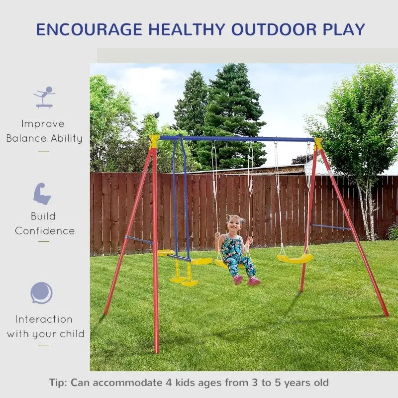 Heavy-Duty Metal Swing Set with Glider, 2 Adjustable Swings, A-Frame for Backyard