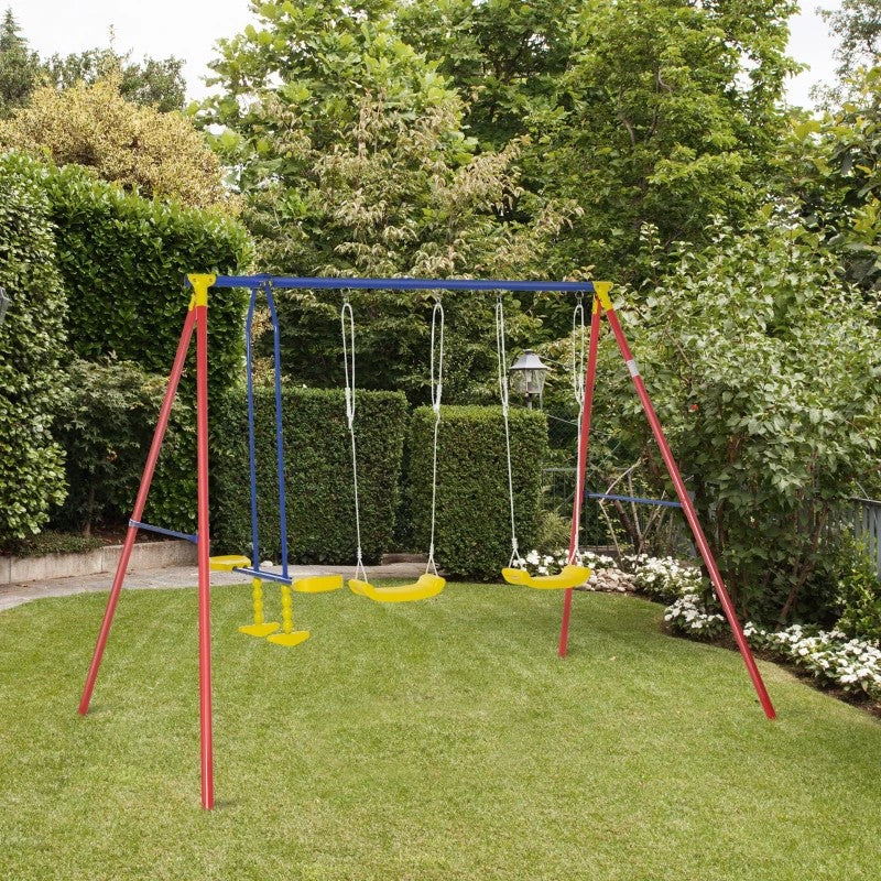 Heavy-Duty Metal Swing Set with Glider, 2 Adjustable Swings, A-Frame for Backyard