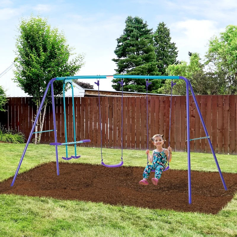 Heavy Duty Metal Swing Set with Glider, 2 Adjustable Swings, A-Frame for Backyard Play