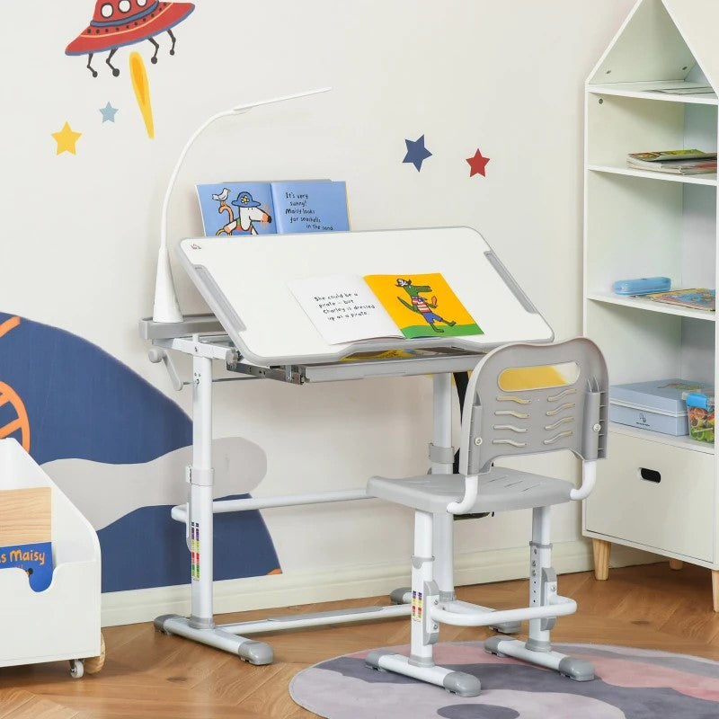 Height Adjustable Kids Desk & Chair Set with Tilt Desktop, LED Light & Storage