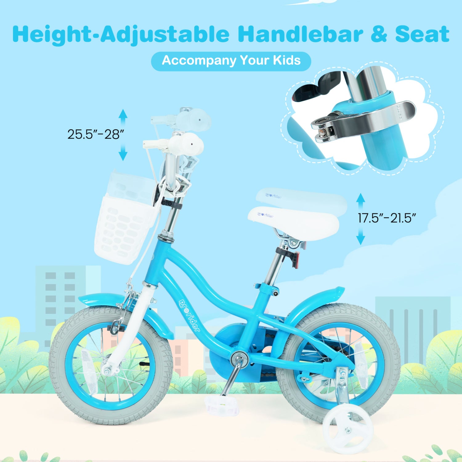 Blue children's bike with adjustable handlebar and seat on a light blue background