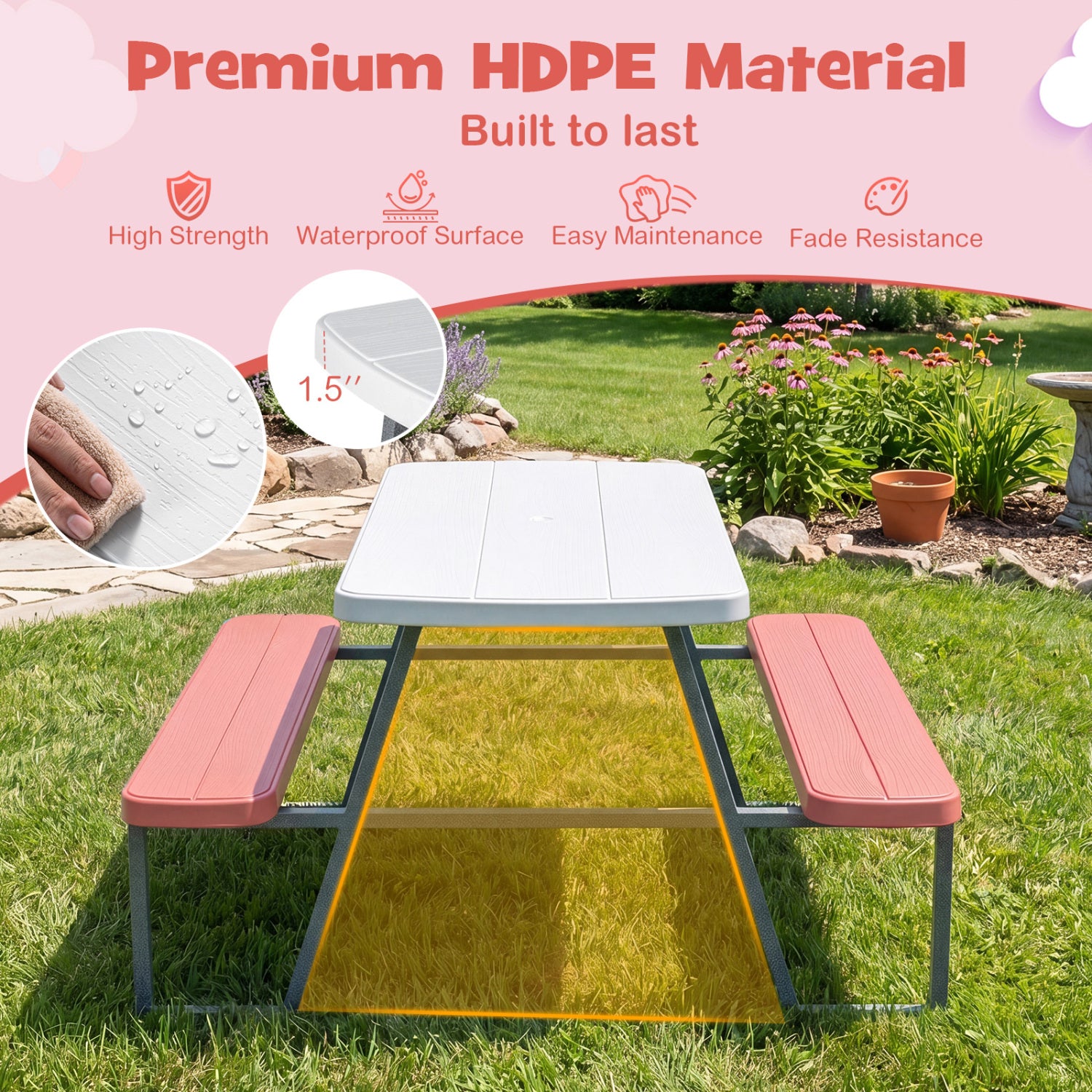 Picnic table with red benches on grass, featuring premium HDPE material text and images.