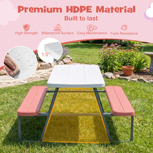 Picnic table with red benches on grass, featuring premium HDPE material text and images.