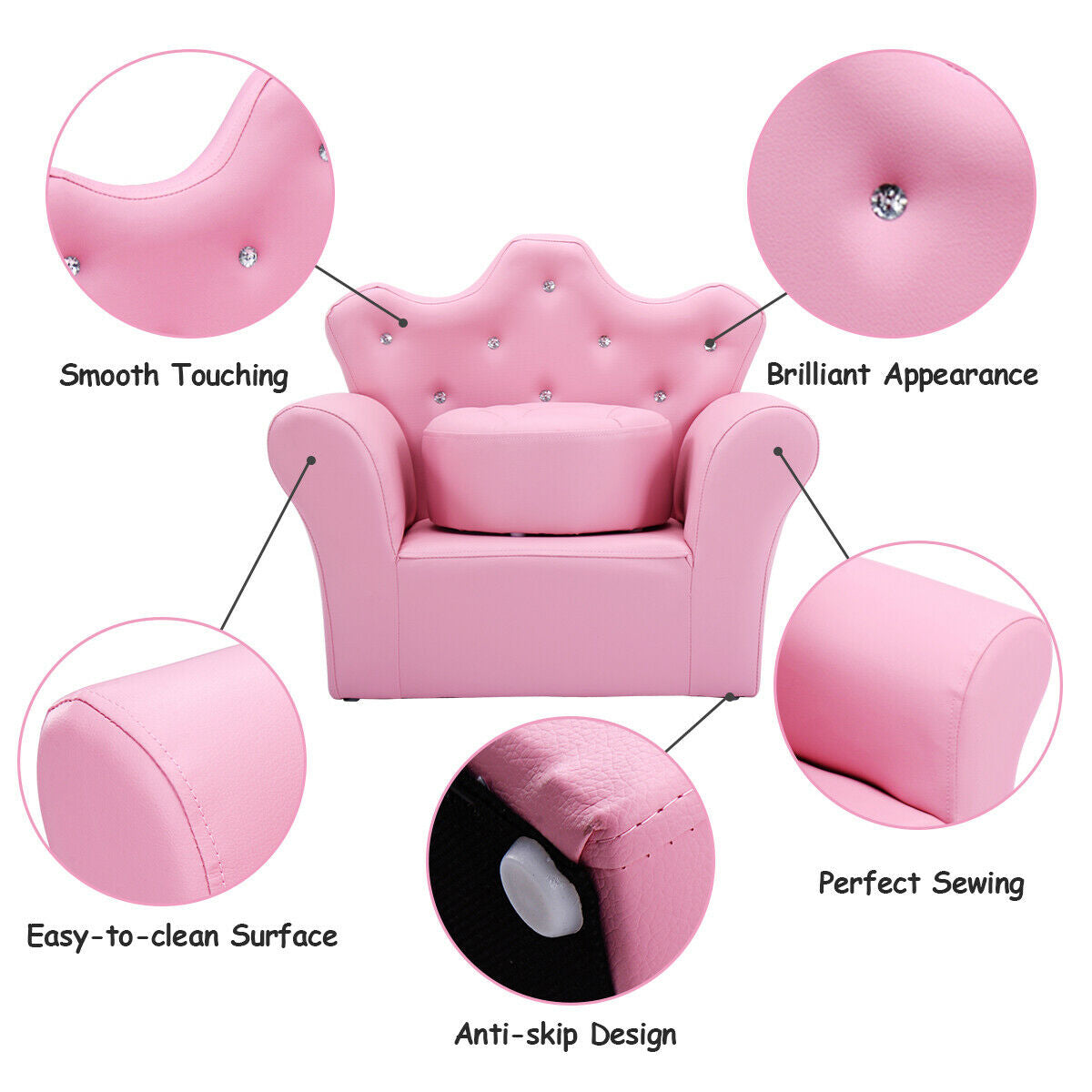 Pink children's chair with features highlighted on a white background