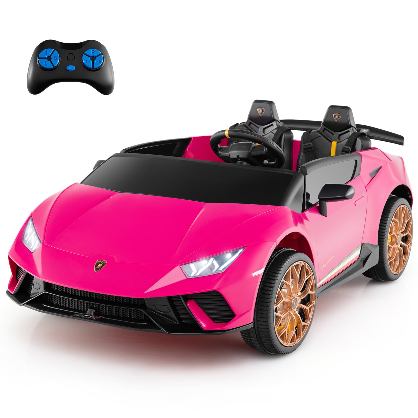 Pink toy car with black interior and remote control on a white background