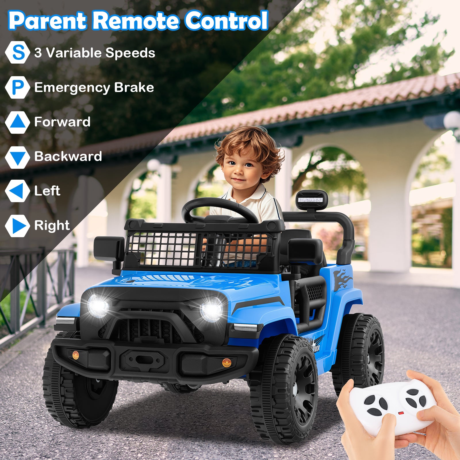 Child in a blue toy truck with remote control, outdoor setting