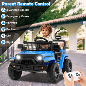 Child in a blue toy truck with remote control, outdoor setting