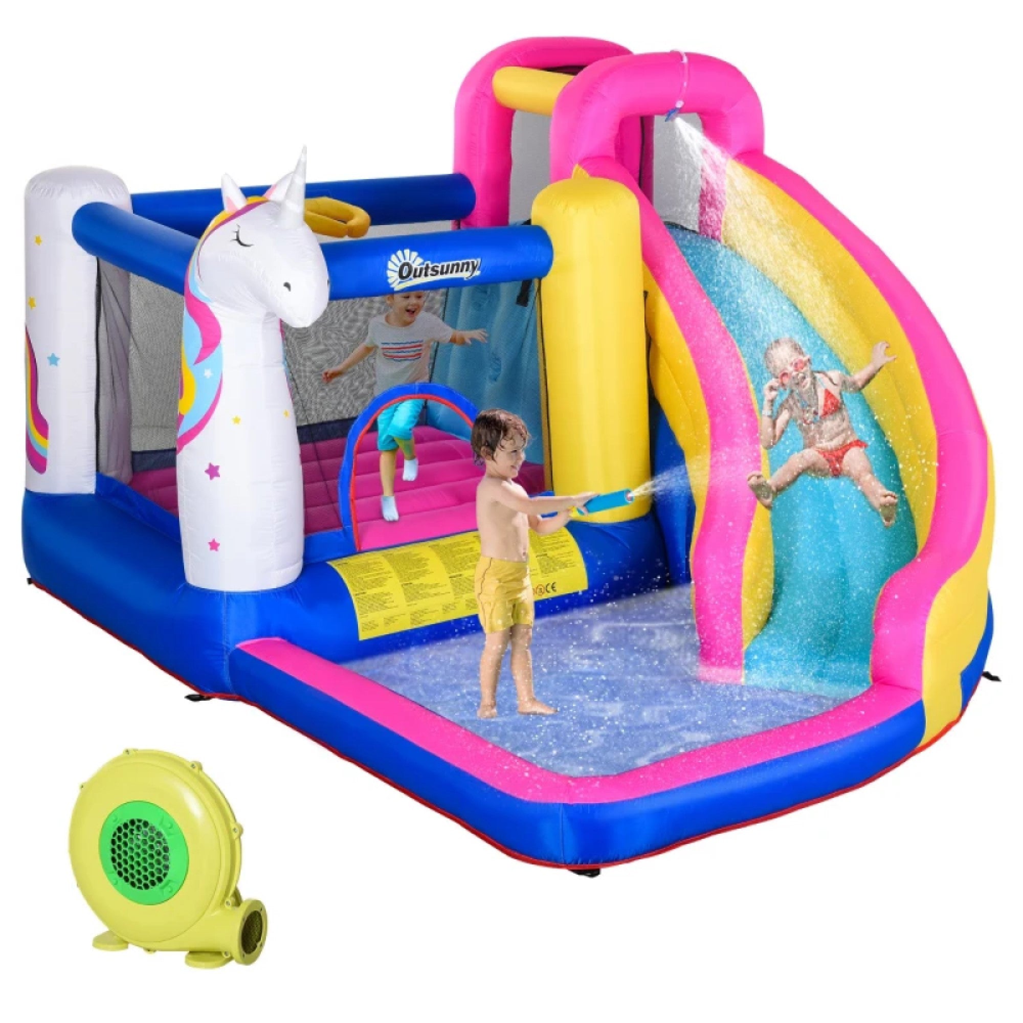 5-in-1 Inflatable Bounce House with Slide, Climbing Wall, Water Gun Inflatable Water Slide for Kids