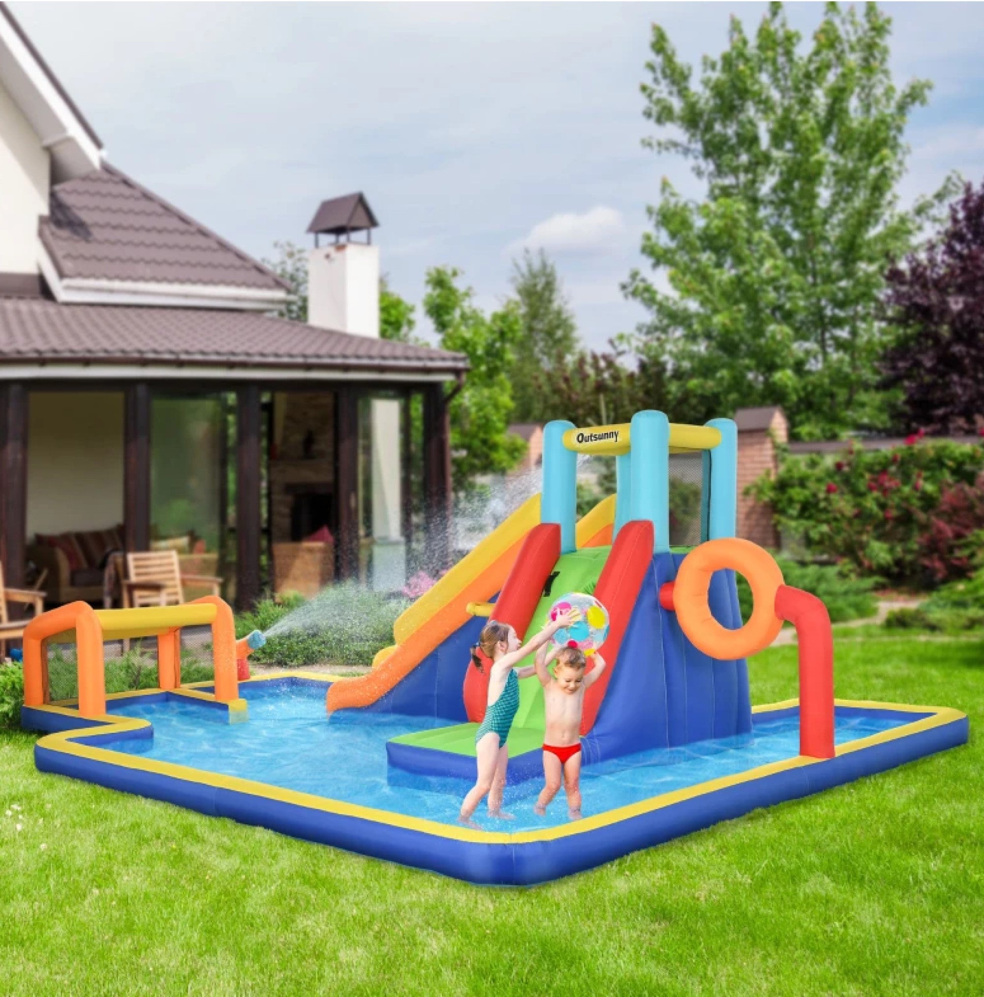 6 in 1 Kids Inflatable Bounce House with Slide, Pool, Climbing Wall, Water Cannon, Basketball Hoop, Football Stand