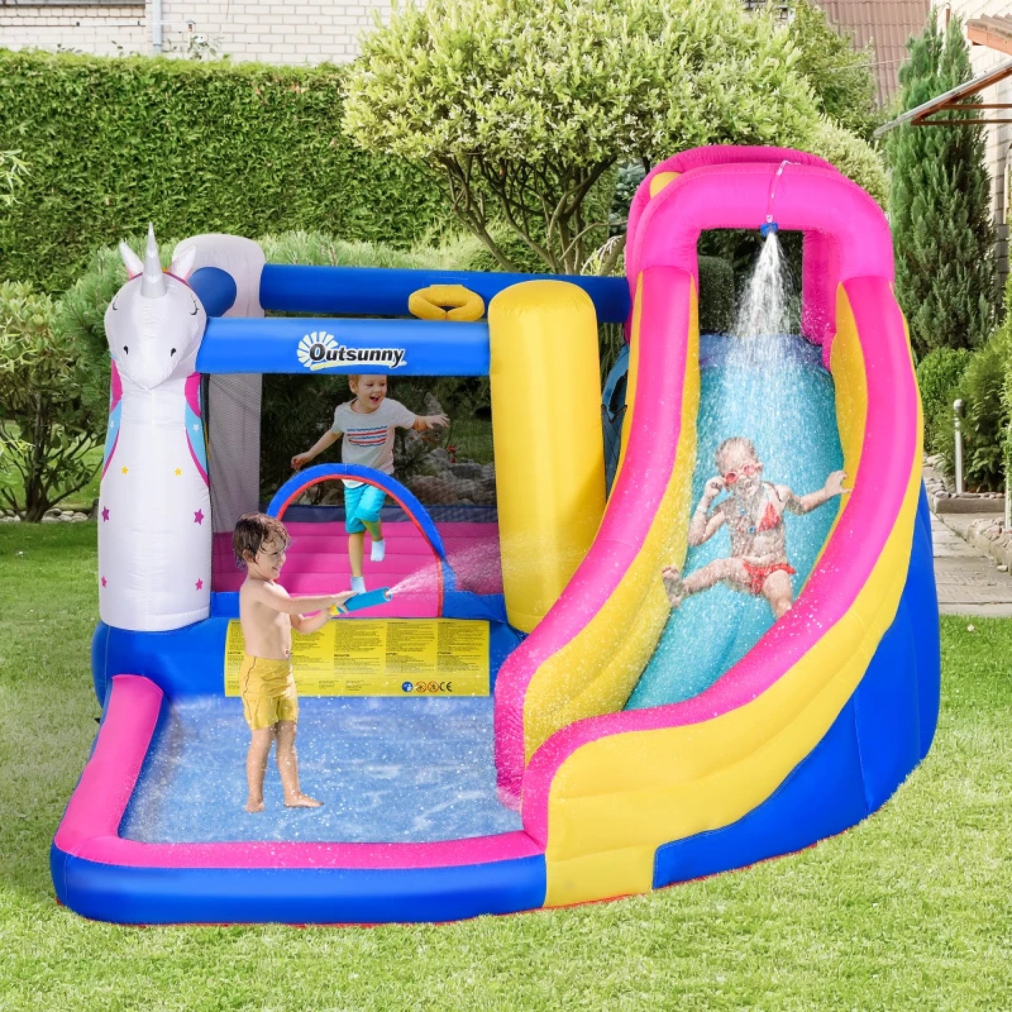 5-in-1 Inflatable Bounce House with Slide, Climbing Wall, Water Gun Inflatable Water Slide for Kids