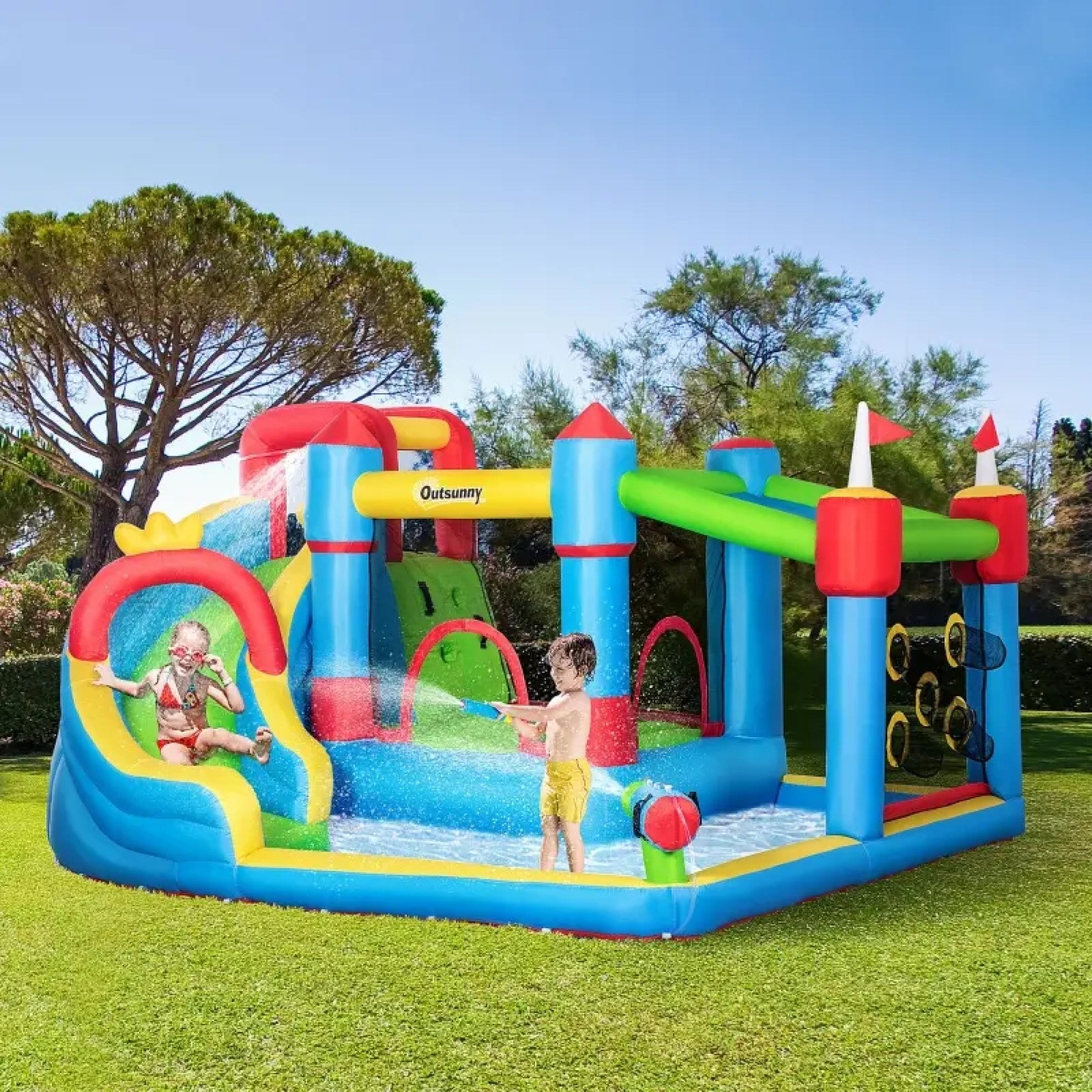 6-in-1 Inflatable Bounce House with Slide, Climbing Wall, Water Gun Inflatable Water Slide for Kids