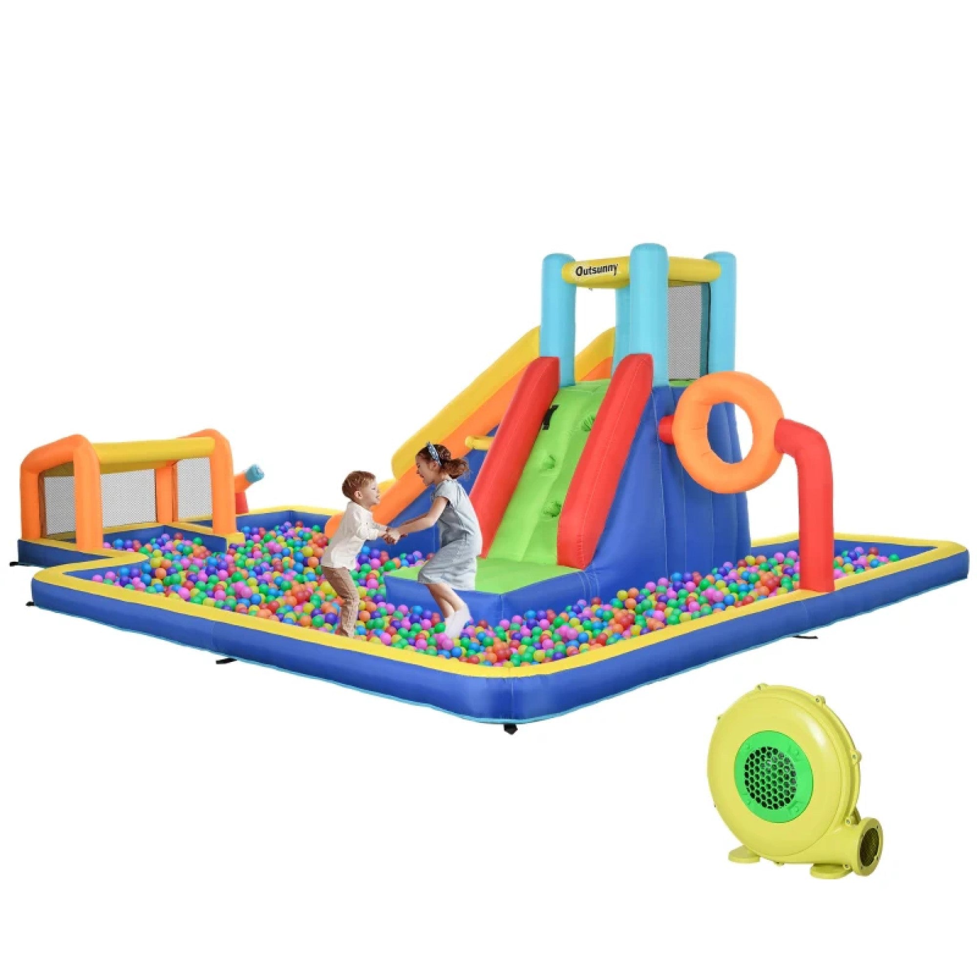 6 in 1 Kids Inflatable Bounce House with Slide, Pool, Climbing Wall, Water Cannon, Basketball Hoop, Football Stand