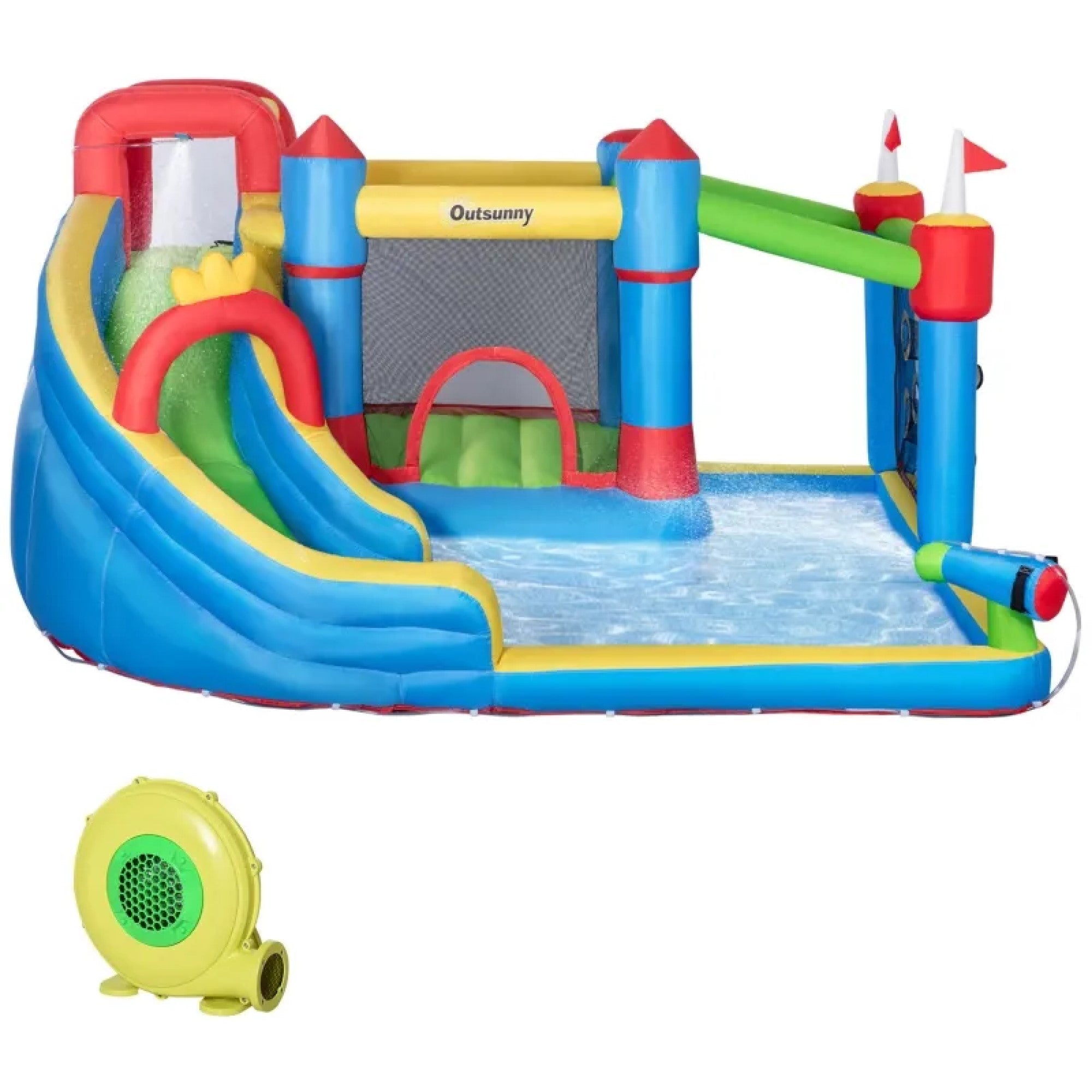 6-in-1 Inflatable Bounce House with Slide, Climbing Wall, Water Gun Inflatable Water Slide for Kids